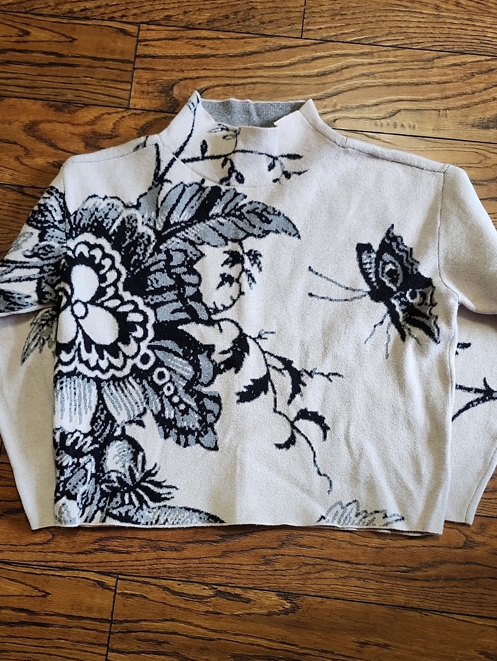 Maeve Anthropologie Oversized Floral Sweater XS Black Cream Knit Pullover
